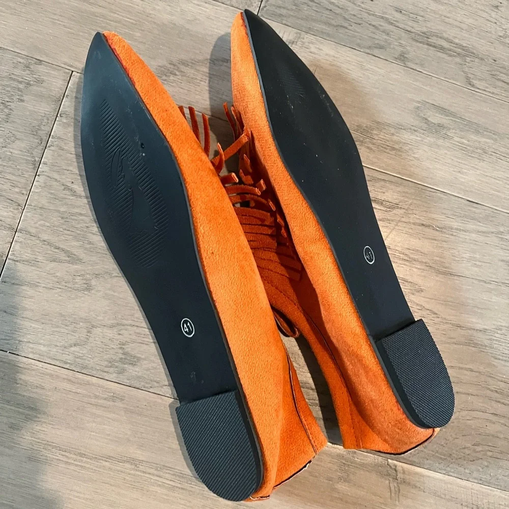 Fringed Faux Suede Orange Tie Front Flats Pointed Shoes - Picture 6 of 7